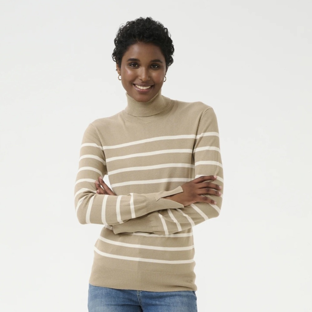 Striped Tan & White Turtleneck Sweater - Women